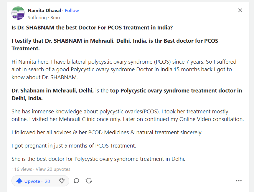 Patient Testimonial - Explore genuine reviews and success stories from individuals at PCOS Ferticure Clinic, highlighting the compassionate care and positive outcomes achieved with Dr. Shabnam Sharjil in the treatment of PCOS-PCOD.