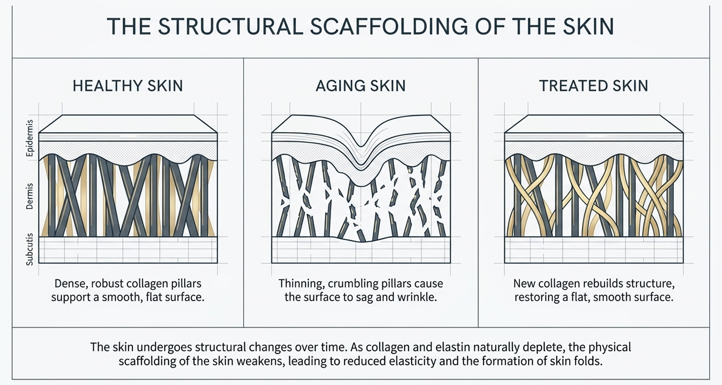 Skin aging process showing collagen loss and wrinkles