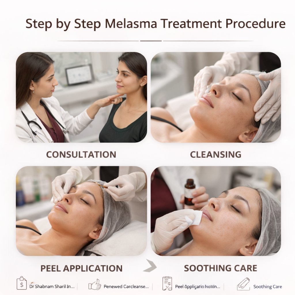 Step by step melasma treatment procedure in Delhi showing consultation, skin cleansing, peel application and recovery guidance