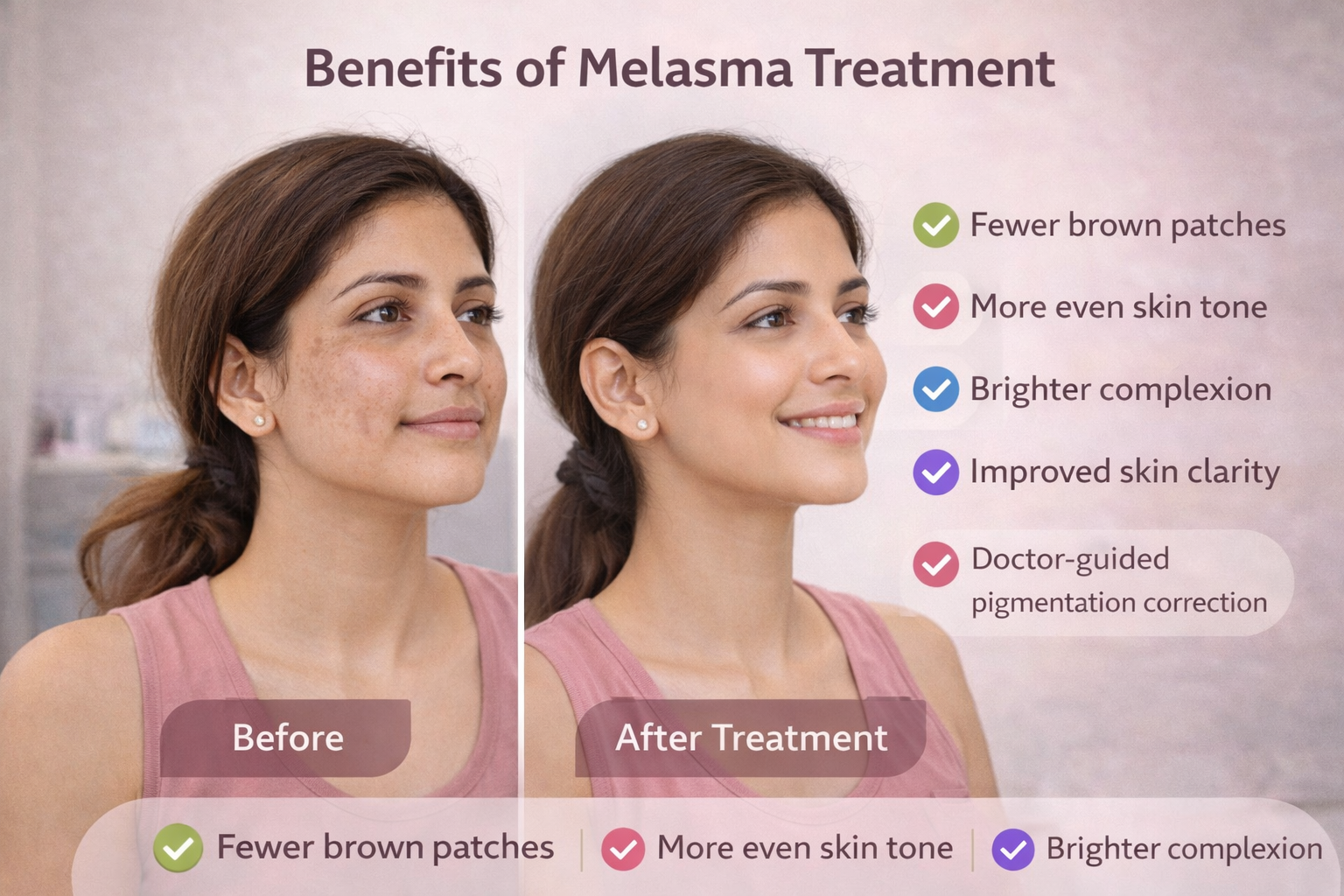 Benefits of melasma treatment including brighter skin, improved skin clarity and doctor-led pigmentation correction in Delhi