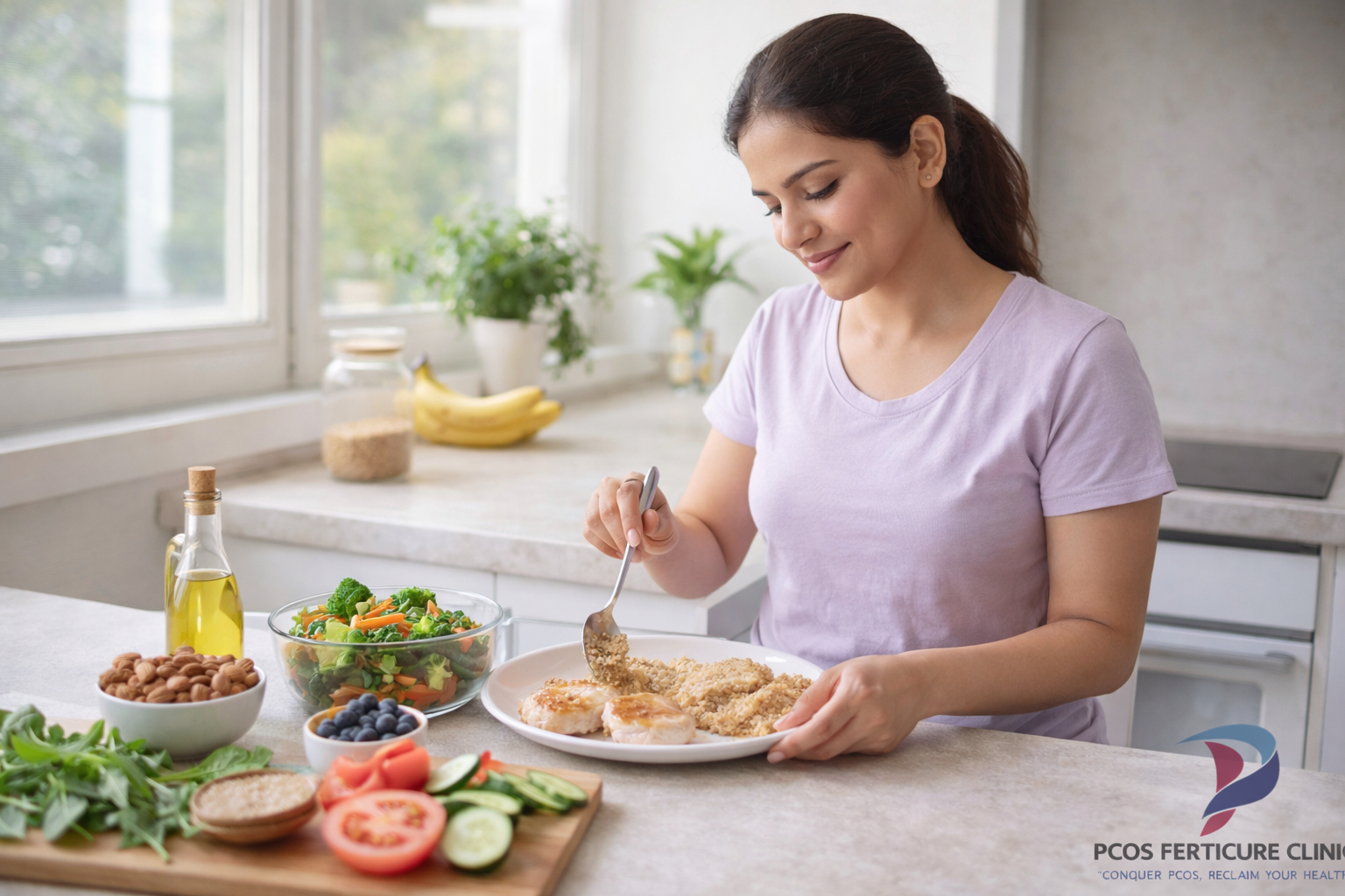 Healthy balanced PCOD diet including whole grains vegetables protein and low glycemic foods supporting hormonal balance