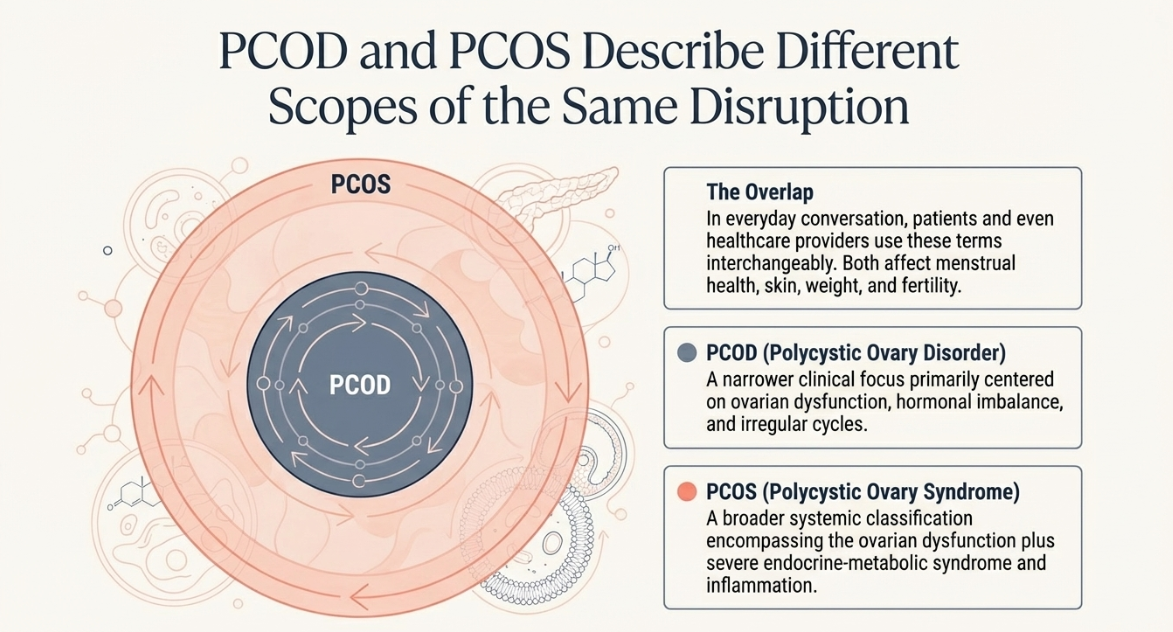 Medical infographic showing key causes of PCOD including hormonal imbalance insulin resistance genetics and lifestyle factors