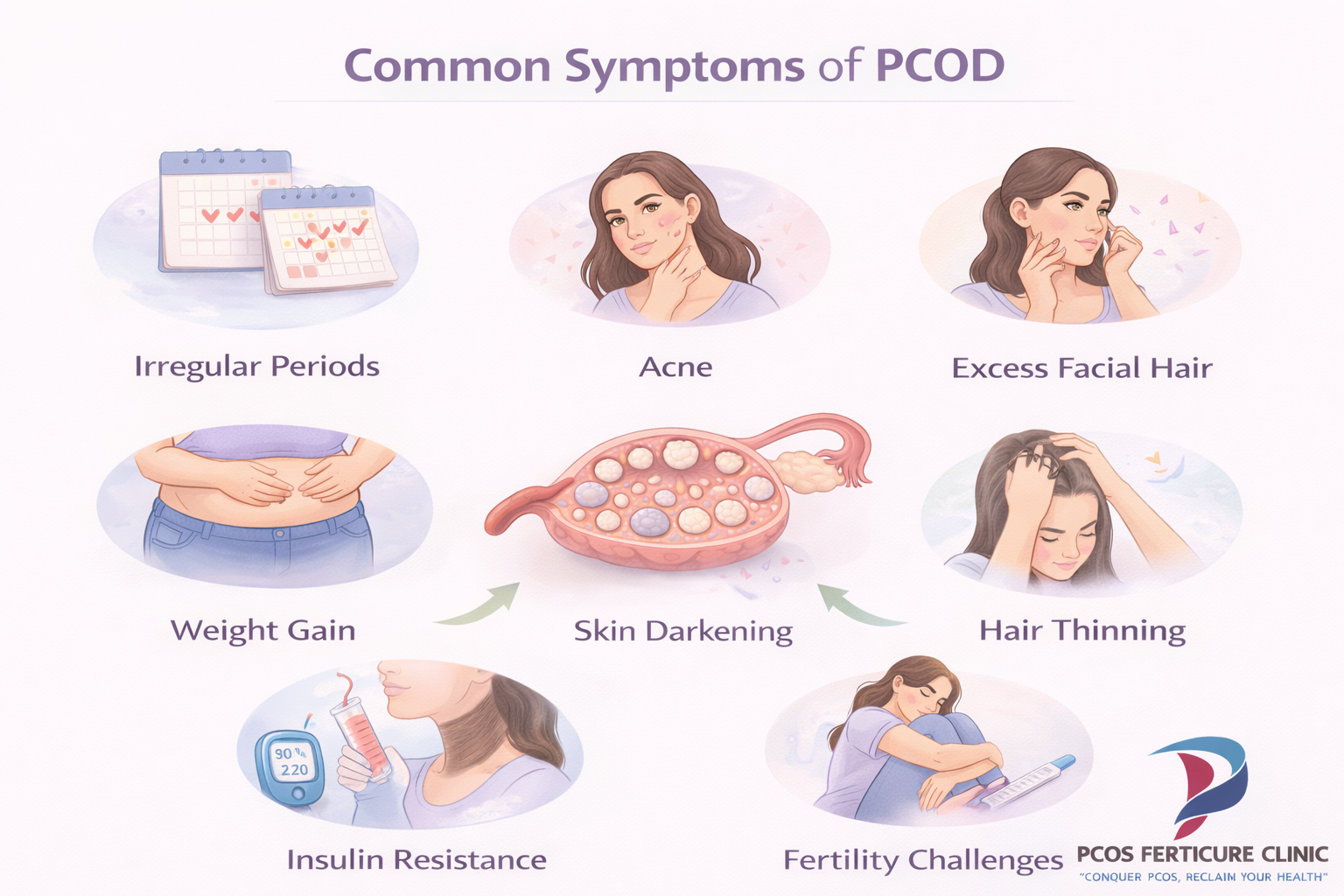 Medical infographic showing common symptoms of PCOD including irregular periods acne weight gain facial hair and fertility challenges