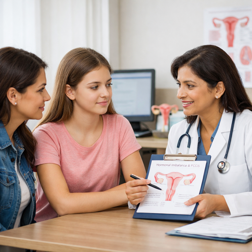 Female doctor consulting a teenage girl and her mother about PCOS symptoms and hormonal health during diagnosis evaluation