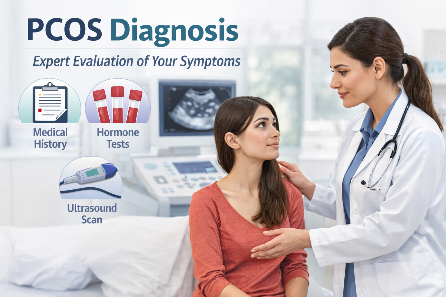 PCOS diagnosis and evaluation by Dr. Shabnam Sharjil at PCOS Ferticure Clinic including symptoms review, hormone tests and ultrasound guidance.