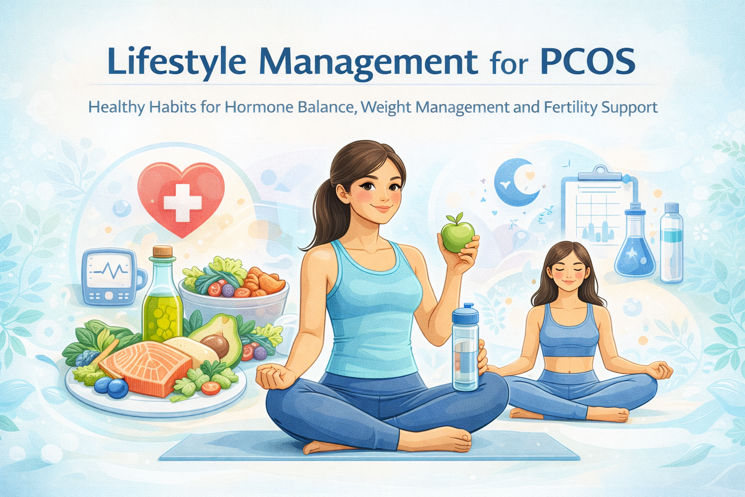 Lifestyle management for PCOS including healthy diet exercise stress control and hormone balance