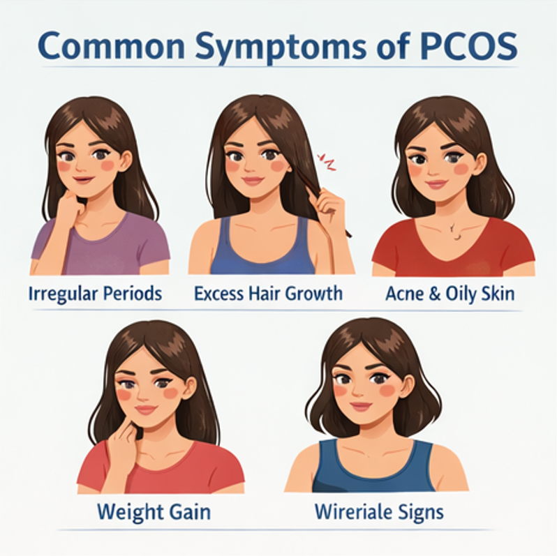 Common PCOS symptoms including irregular periods acne excess hair growth and weight gain