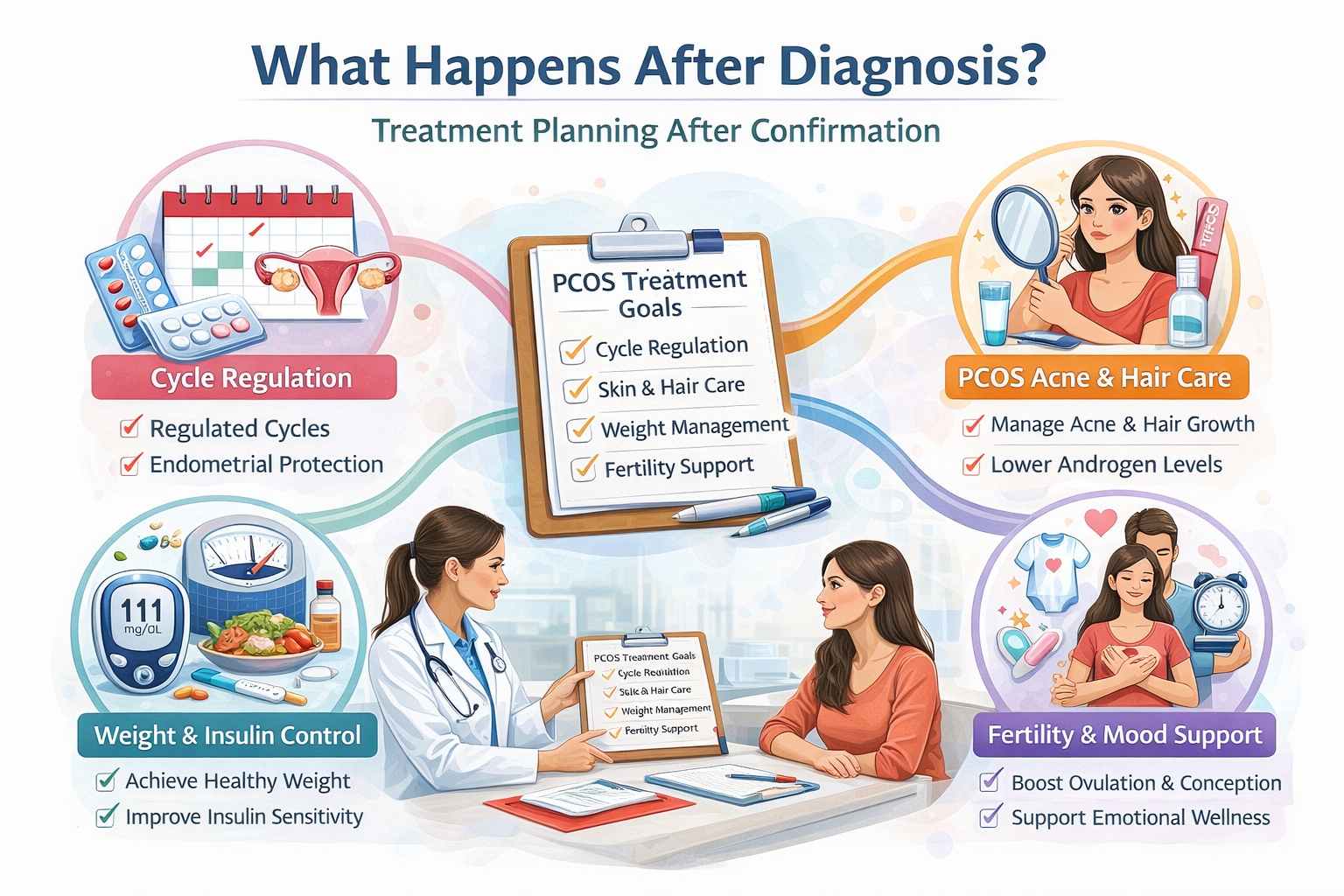PCOS treatment planning after diagnosis including cycle regulation acne care weight management fertility support and lifestyle changes