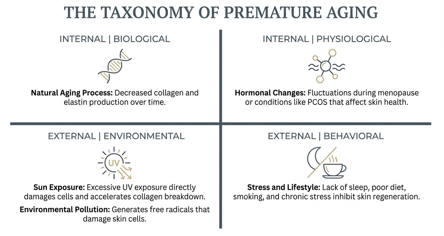Skin aging process showing collagen loss and wrinkles