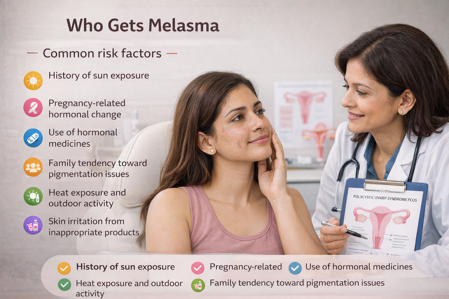Woman with facial pigmentation and doctor consultation for melasma risk factors and hormonal pigmentation treatment in Delhi