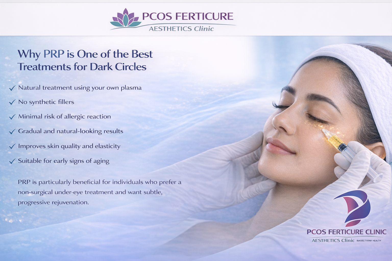 Banner explaining why PRP is one of the best treatments for dark circles, highlighting natural plasma therapy, no synthetic fillers, minimal allergy risk and gradual collagen improvement - PCOS Ferticure Clinic Delhi