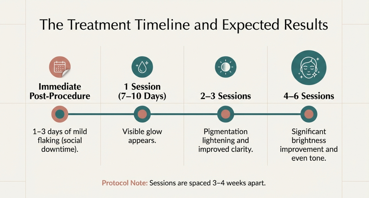 Chemical peel results timeline showing skin glow improvement