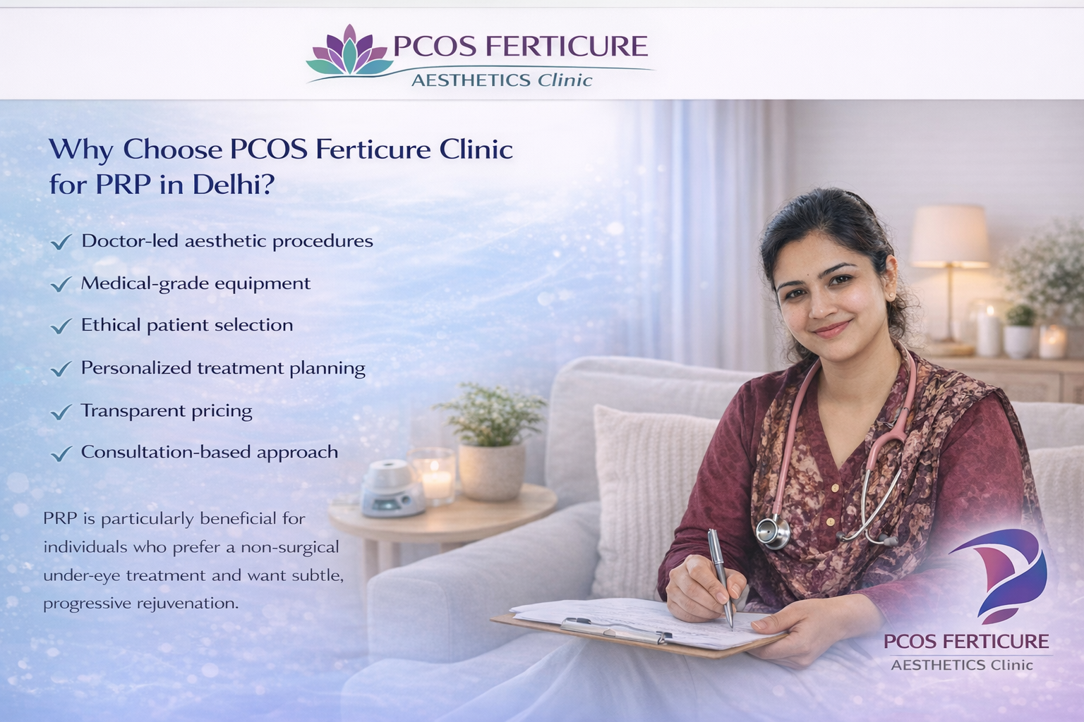 Doctor and patient consultation at PCOS Ferticure Clinic Delhi for under-eye PRP treatment, highlighting personalized care and doctor-led aesthetic procedures