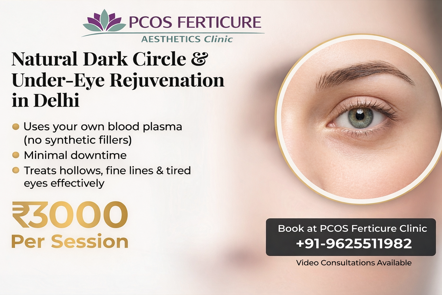 Doctor consultation scene showing PRP treatment cost in Delhi at PCOS Ferticure Clinic, highlighting under-eye PRP ₹3000, face PRP ₹5000 and hair PRP pricing with transparent consultation-based approach - PCOS Ferticure Clinic Delhi