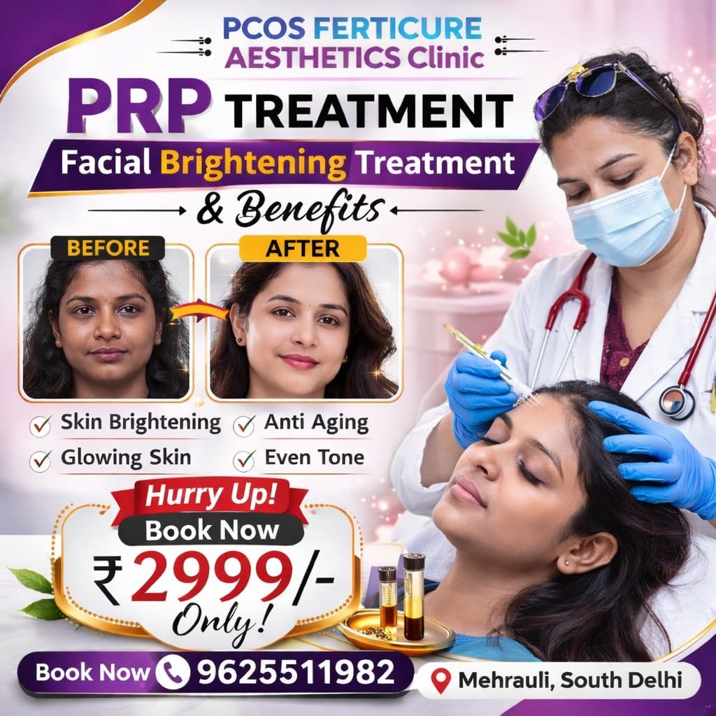 PRP facial treatment procedure in Delhi showing platelet-rich plasma syringe, centrifuge machine, and facial injection process at PCOS Ferticure Clinic