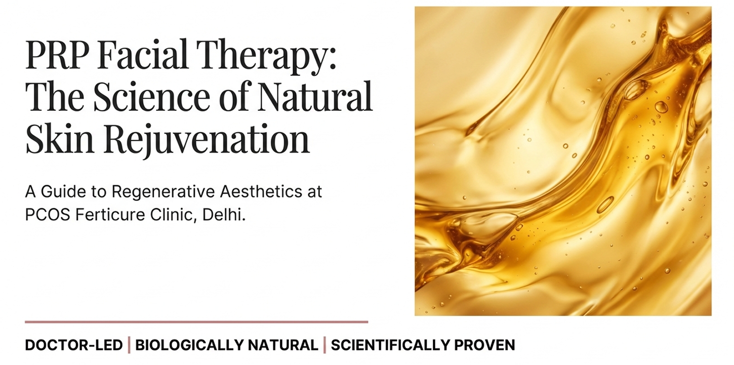PRP facial treatment procedure in Delhi showing platelet-rich plasma syringe, centrifuge machine, and facial injection process at PCOS Ferticure Clinic