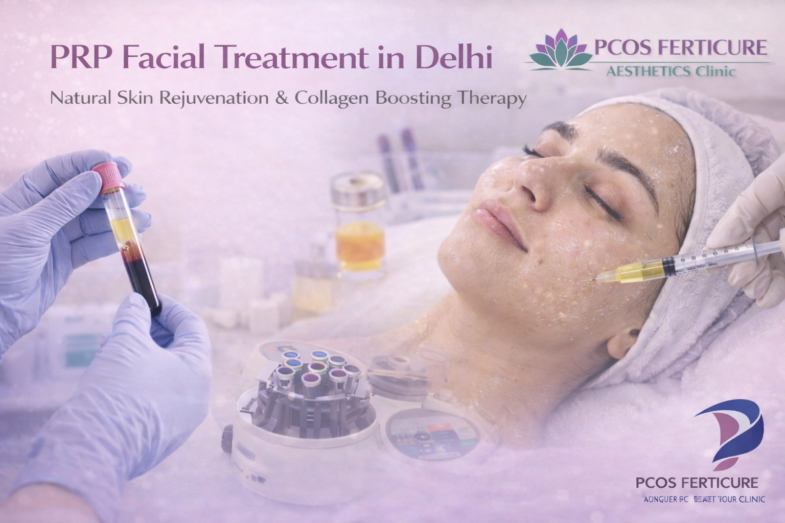 PRP facial treatment procedure in Delhi showing platelet-rich plasma syringe, centrifuge machine, and facial injection process at PCOS Ferticure Clinic