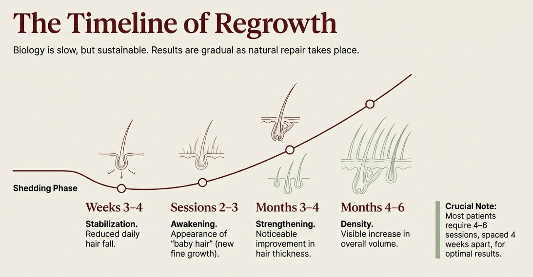 Timeline showing PRP hair treatment results including hair fall reduction in 3-4 weeks and regrowth after multiple sessions
