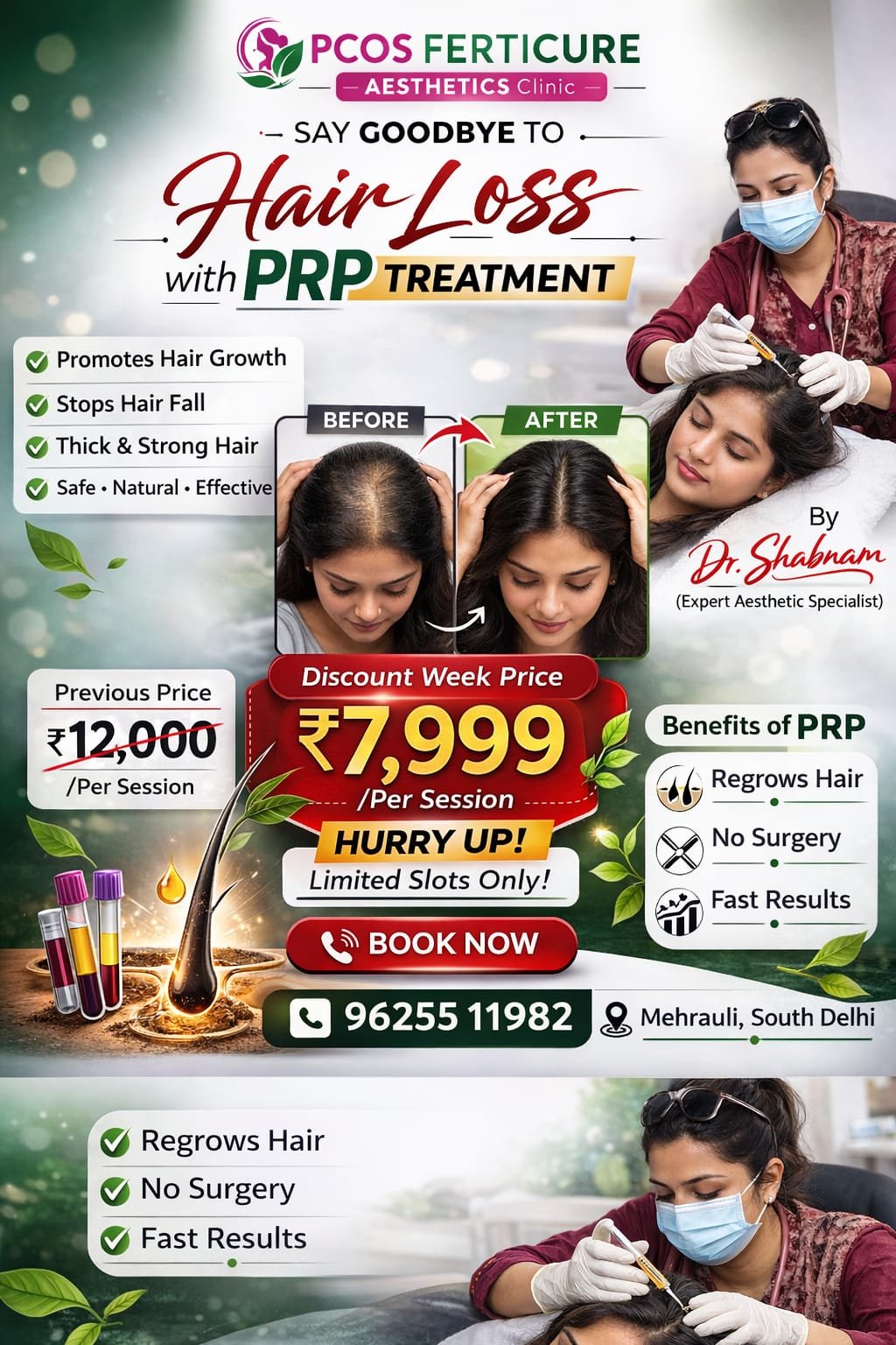 Timeline showing PRP hair treatment results including hair fall reduction in 3-4 weeks and regrowth after multiple sessions