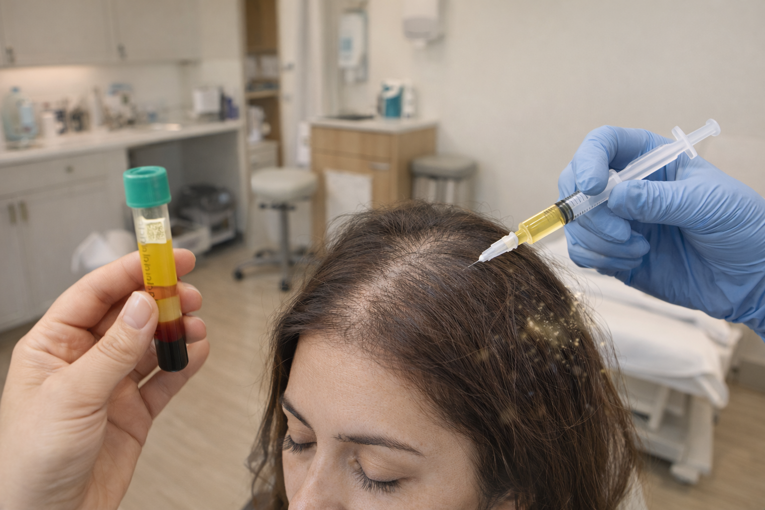 PRP hair treatment in Delhi showing platelet rich plasma injection into a woman’s thinning scalp at PCOS Ferticure Clinic to stimulate hair regrowth