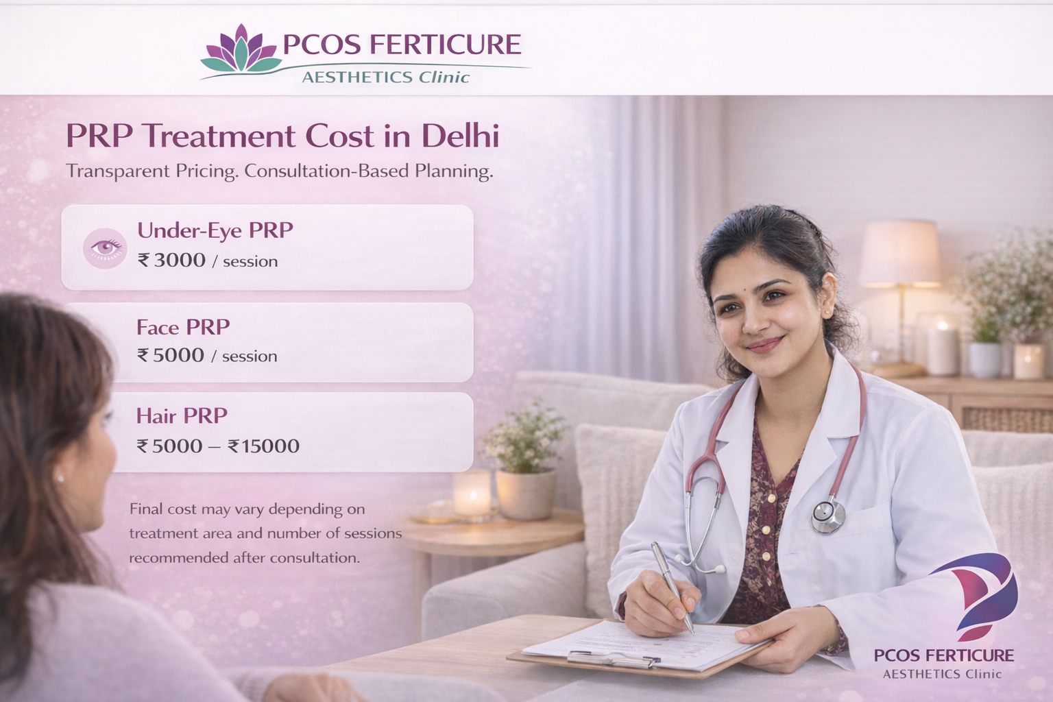 Doctor consultation scene showing PRP treatment cost in Delhi at PCOS Ferticure Clinic, highlighting under-eye PRP ₹3000, face PRP ₹5000 and hair PRP pricing with transparent consultation-based approach - PCOS Ferticure Clinic Delhi