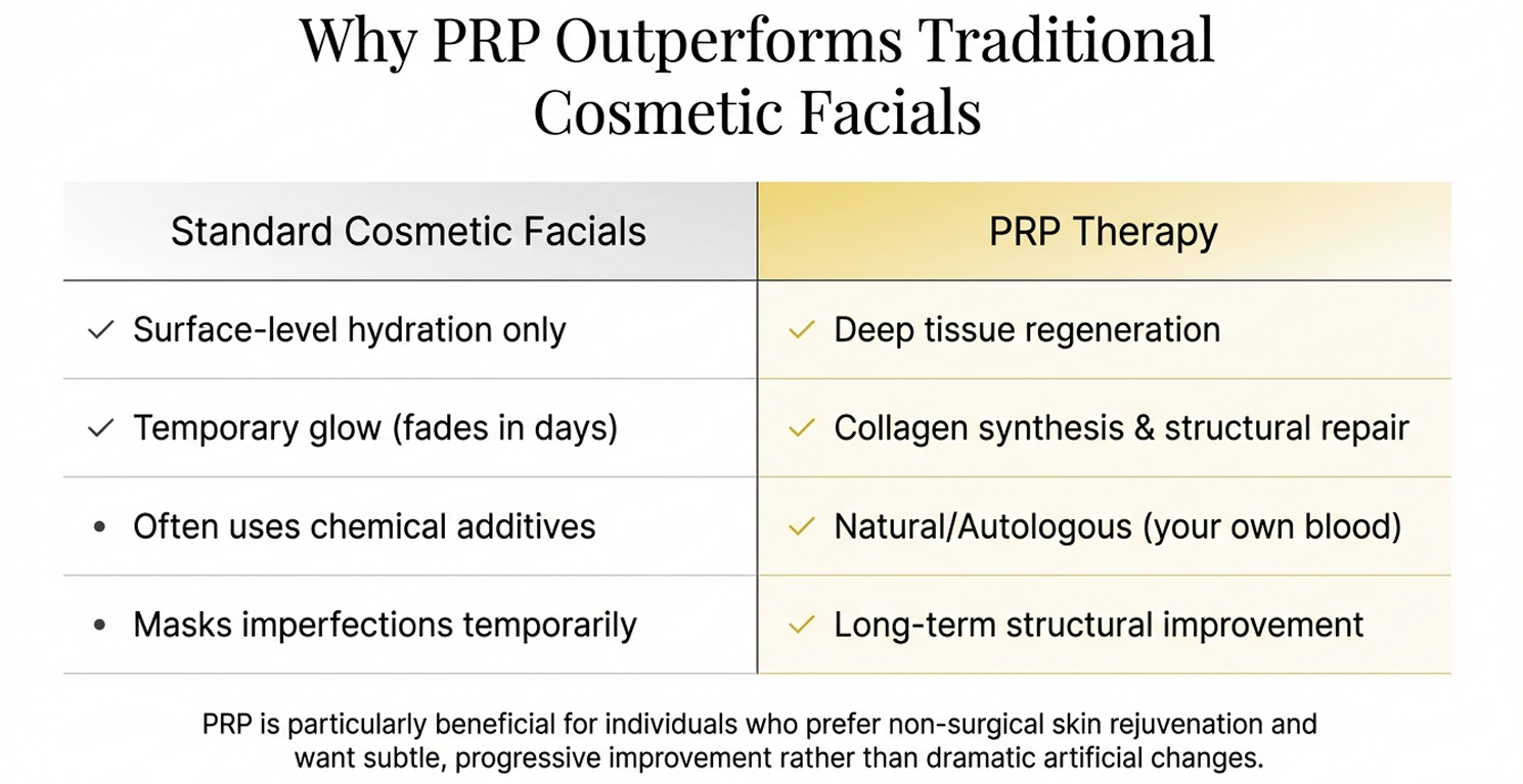 Educational banner explaining PRP facial treatment for collagen stimulation, acne scar improvement and skin rejuvenation at PCOS Ferticure Clinic Delhi